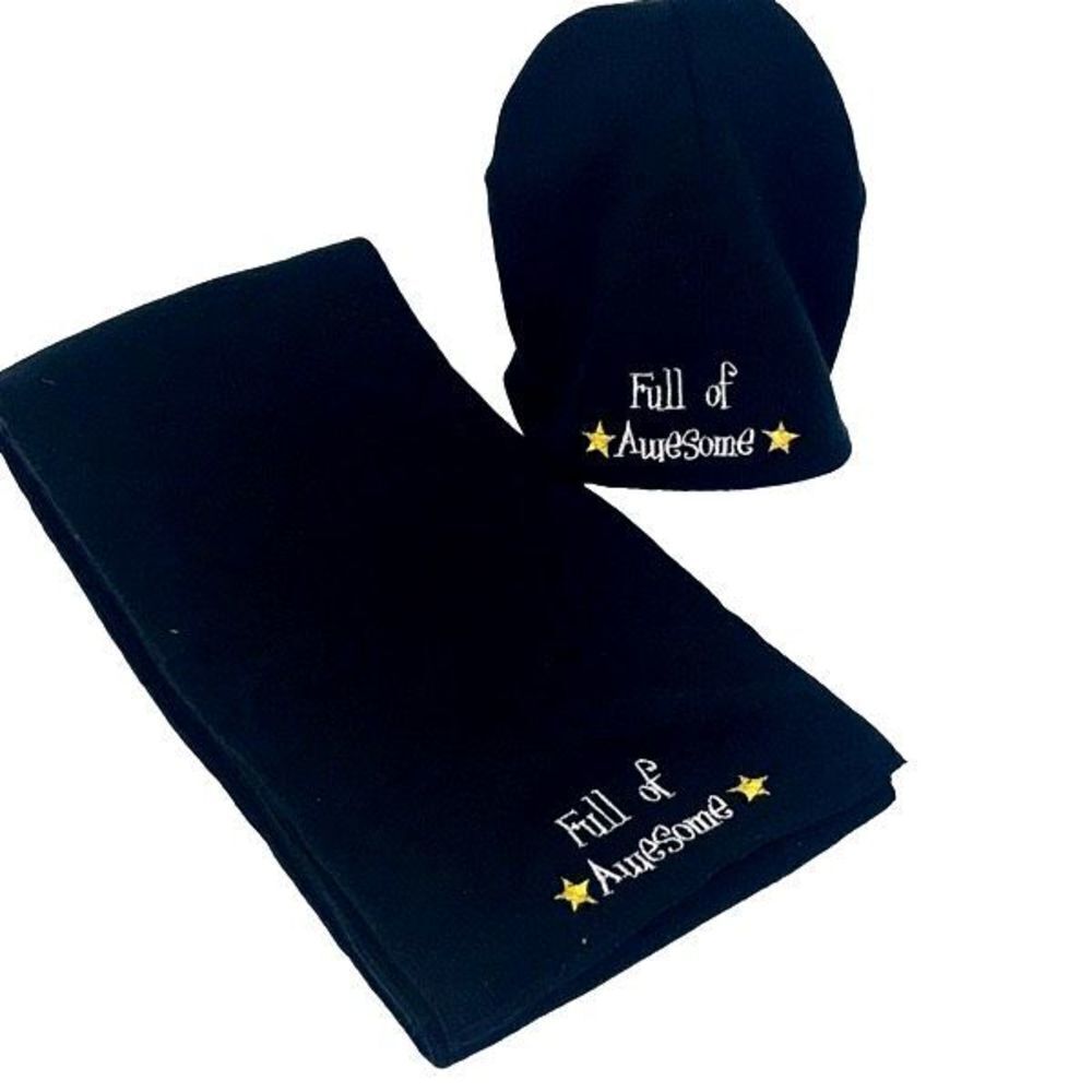 Winter Hat Beanie and Scarf Set Knit Black “Full of Awesome”